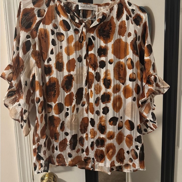 mod boutique Tops - Brown and Black Flutter Sleeve Blouse with Tie Front